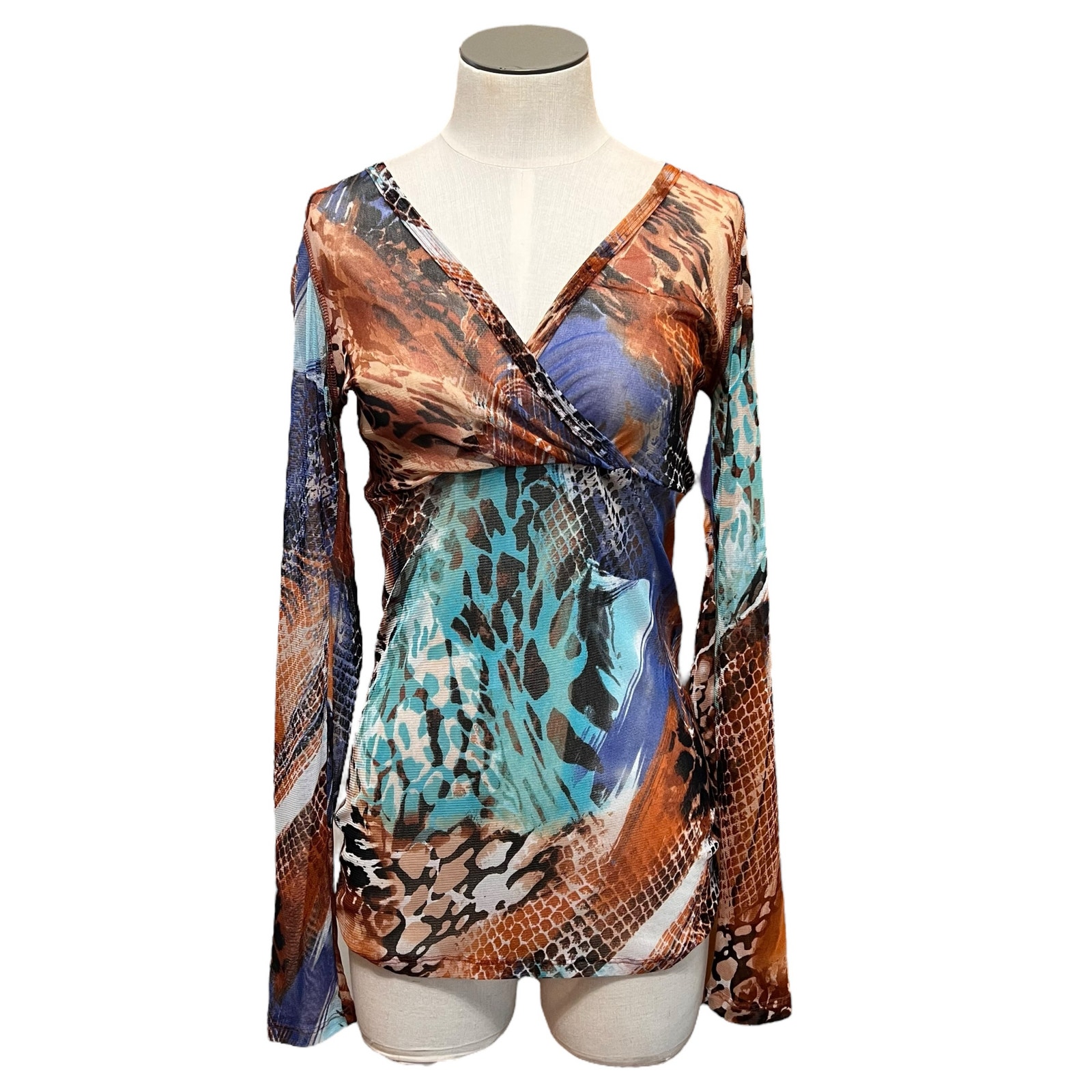 Karen Kane Retro Y2k Fairy Grunge Boho Mixed Animal Print Sheer Mesh Top Sz S